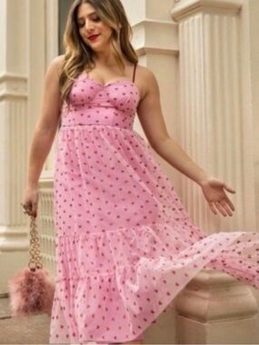Betsey Johnson Tulle Pink Glitter Heart Corset Midi Dress sz4